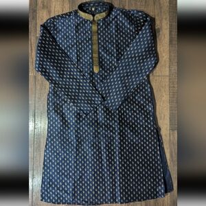 Manyavar Mens Navy Blue & Gold Paisley Print 100% Silk Long Kurta Size XL NWT
